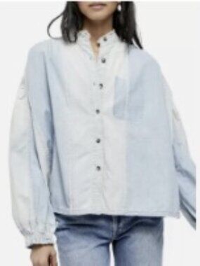 Free People We The Free Set Sail Denim Button Down Top Indigo Combo Size XS